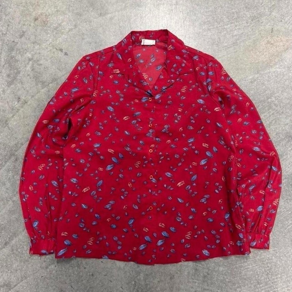 80's Floral Button Up Blouse Women's Red Blue Girlie Indie Casual Shirt 14 - Picture 1 of 7